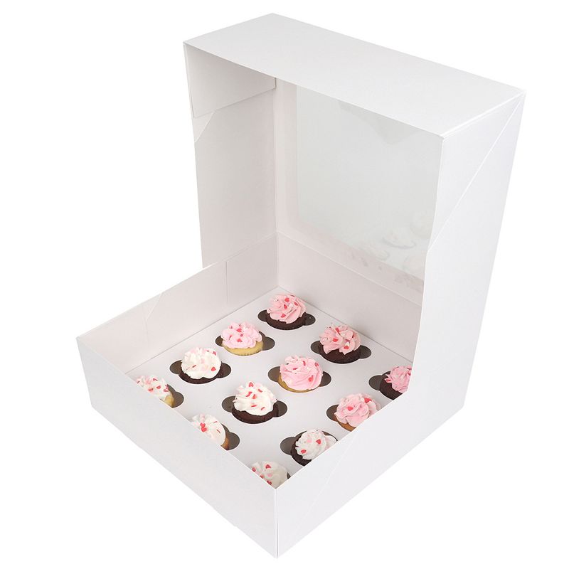 O'Creme White Window Cake Box with 12 Mini-Cupcake Inserts, 10" x 10" x 4" - Pack of 5, 3 of 4