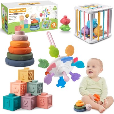 4-in-1 Montessori Baby Toy Set with Pull String, Stacking Blocks and Teether for Sensory Play