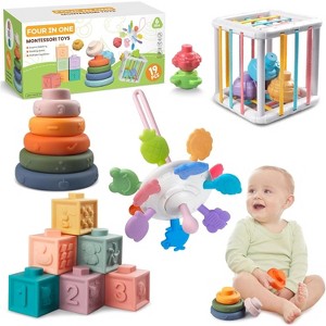 4-in-1 Montessori Baby Toy Set with Pull String, Stacking Blocks and Teether for Sensory Play - 1 of 4