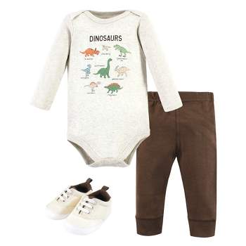 Hudson Baby Infant Boy Cotton Long-Sleeve Bodysuit, Pant and Shoe Set, Dinosaur Adventures