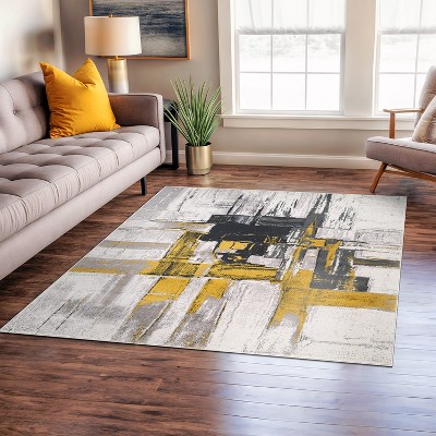 Gold and Gray Abstract Square Area Rug 6'6" x 6'6"