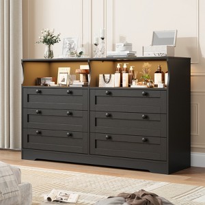 55" Modern TV Stands, Wood Chest of Drawers with Charging Station, LED Lights and 2 Storage Compartments, 6 Drawer Dresser for Living Room, Hallway - 1 of 4