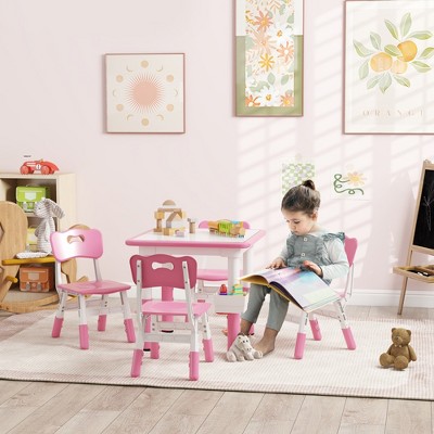 VYNXARIA 3 PC Kids Table and Chairs, Adjustable Toddler Table and Chair Set with Storage,  Activity Table for Classroom, Daycare Classroom, Pink