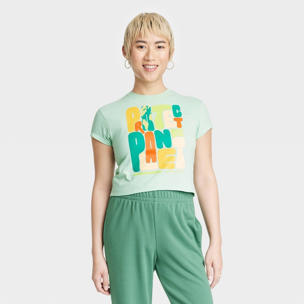 Women's Happy Earth Protect Our Planet Earth Day Short Sleeve Graphic Cropped T-Shirt- Jade XS