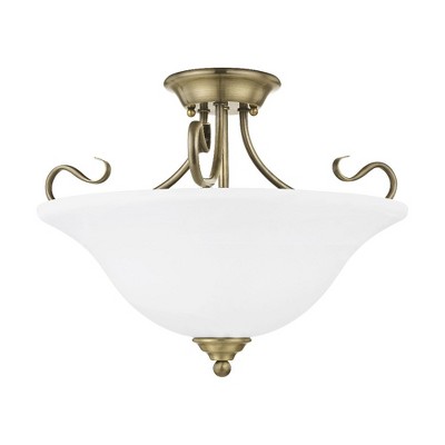 Antique Brass 3-Light Semi-Flush Mount with White Alabaster Glass