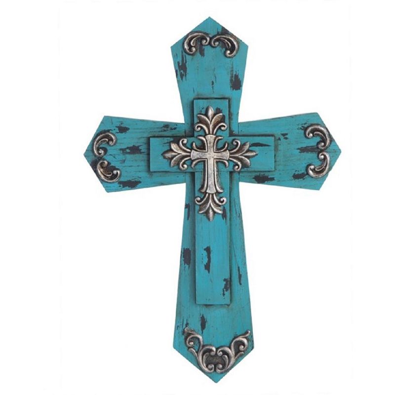FC Design 15.75"H Decorative Wood Cross in Turquoie Religious Sculpture Wall Decoration, 1 of 4
