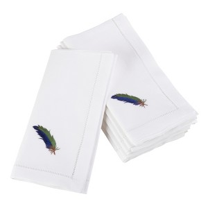 Saro Lifestyle Embroidered Blue Feather Design Hemstitched Trim Border Cotton Napkin (Set of 6), 20"x20", White - 1 of 2