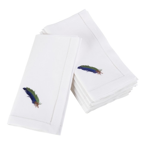 Saro Lifestyle Embroidered Blue Feather Design Hemstitched Trim Border ...