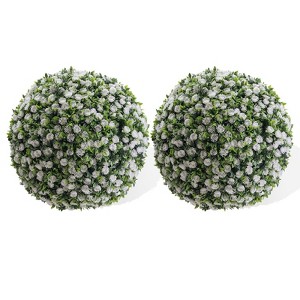 Artificial Flower Topiary Ball Set of 2, UV Resistant Faux Hanging Rose Ball, Fake Boxwood Decorative Balls with Hanging Chains and Zip Tiles - 1 of 4