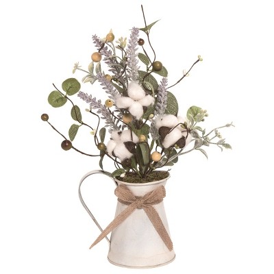 Transpac Metal 13" White Easter Cotton and Lavendar Arrangement in Enameled Pot