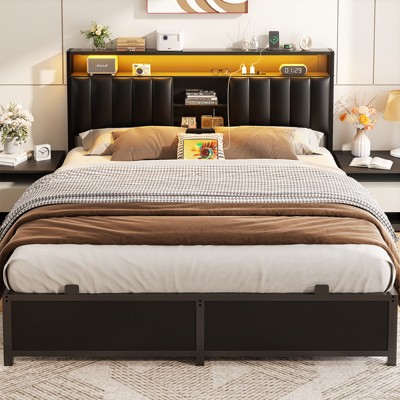 Aheaplus Platform Beds with Upholstered Headboard, Charge Station, and LED Lights