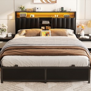 Aheaplus Platform Beds with Upholstered Headboard, Charge Station, and LED Lights - 1 of 4
