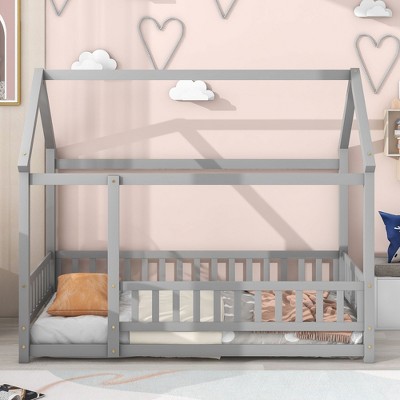 PAGED Full Size Floor Bed House Shaped Modern Pine Bed Frame with Guardrail for Bedroom
