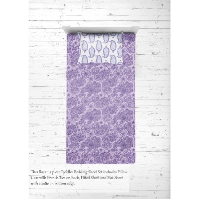 Bacati - Isabella Paisley Aqua Lilac Purple 3 pc Toddler Bedding Sheet Set