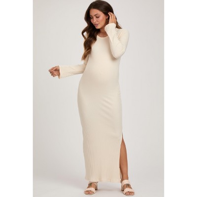 PinkBlush Cream Ribbed Side Slit Maternity Maxi Dress