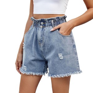 Women's Casual Baggy Denim Shorts Elastic Mid Rise Ripped Frayed Raw Hem Loose Fit Jeans Short Pants - 1 of 4
