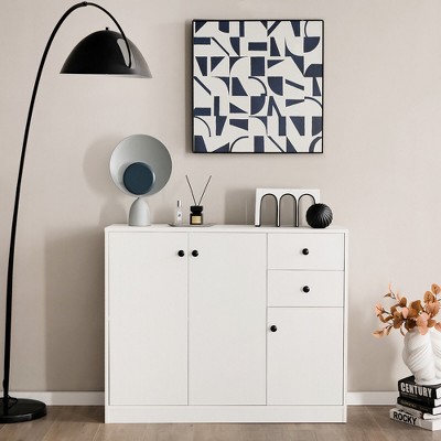 White Engineered Wood Buffet Cabinet with Adjustable Shelves and Drawers