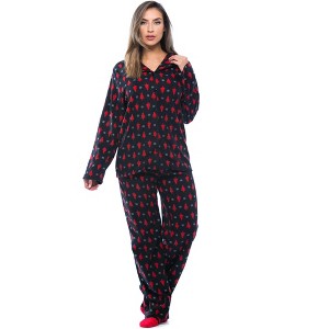 #followme  Womens Printed Microfleece Button Front PJ Pant Set with Socks / Winter Pajamas - 1 of 4
