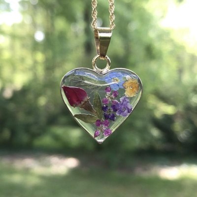 Women's Gold Over Sterling Silver Pressed Flowers Heart Pendant