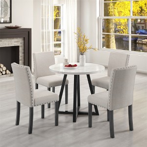 5Pcs Dining Sets Imitation Marble Tabletop Solid Wood Dining Table 4 Chairs Kitchen, Space Saving Dining Sets, Black White - 1 of 4