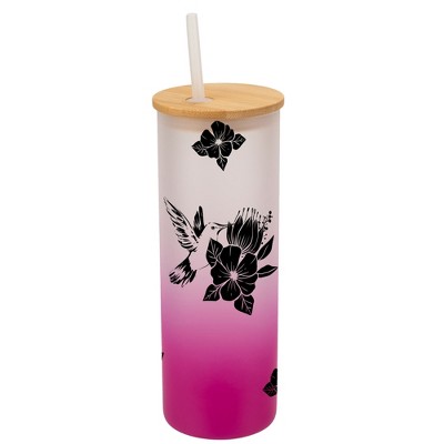 Elanze Designs Hummingbird Summer Flower Garden Wrap-Around Design 25 Ounce Frosted Gradient Glass On-The-Go Coffee Travel Skinny Tumbler Mug Cup,