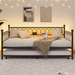 Twin Size Daybed with Pop-Up Trundle & LED Lights, Pull Out Bed with Charging Station and Pull Out Turundle, Metal Sofa Bed Frame for Living Room - 1 of 4