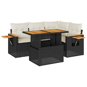 vidaXL 4 Piece Patio Sofa Set with Cushions Black Poly Rattan Acacia - Black and Cream with Storage - 1 of 4