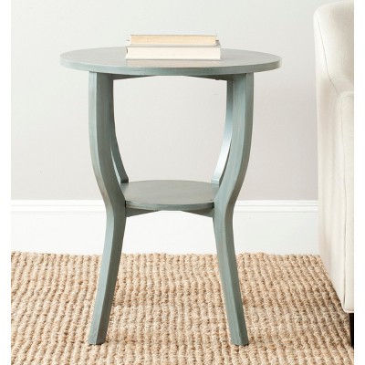 Barn Blue Round Wood Pedestal Accent Table with Shelf