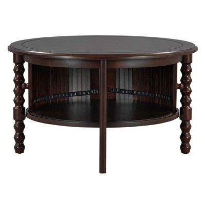 OUTSUPPLY Vintage Round Coffee Table, Modern Cocktail Table with Sliding Door Storage & Slatted Design for Small Spaces