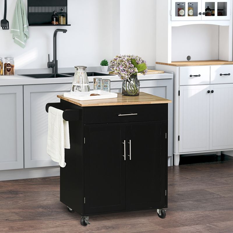 HOMCOM Kitchen Island Cart Rolling Trolley Cart with Drawer, Storage Cabinet & Towel Rack, 3 of 9