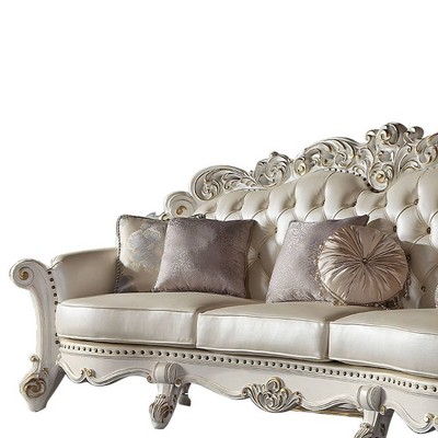 113" Pearl White Tufted Faux Leather Sofa with Nailhead Trim