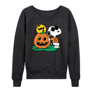 Women's - Peanuts - Snoopy Joe Cool Halloween Pumpkin Lightweight French Terry Wide Neck Long Sleeve Shirt - 1 of 4