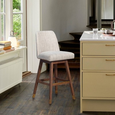 Amalie Beige Fabric Swivel Bar Stool with Brown Oak Wood Finish