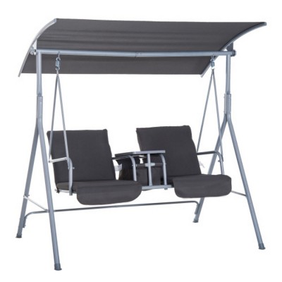 Syemin Patio Swings Outsunny 2 Person Porch Swing, Outdoor Swing with Canopy, Pivot Storage Table Cushions for Patio, Backyard, Beige, 69"*44"*65"