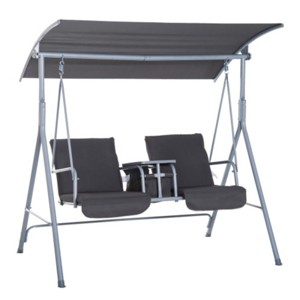 Syemin Patio Swings Outsunny 2 Person Porch Swing, Outdoor Swing with Canopy, Pivot Storage Table Cushions for Patio, Backyard, Beige, 69"*44"*65" - 1 of 4