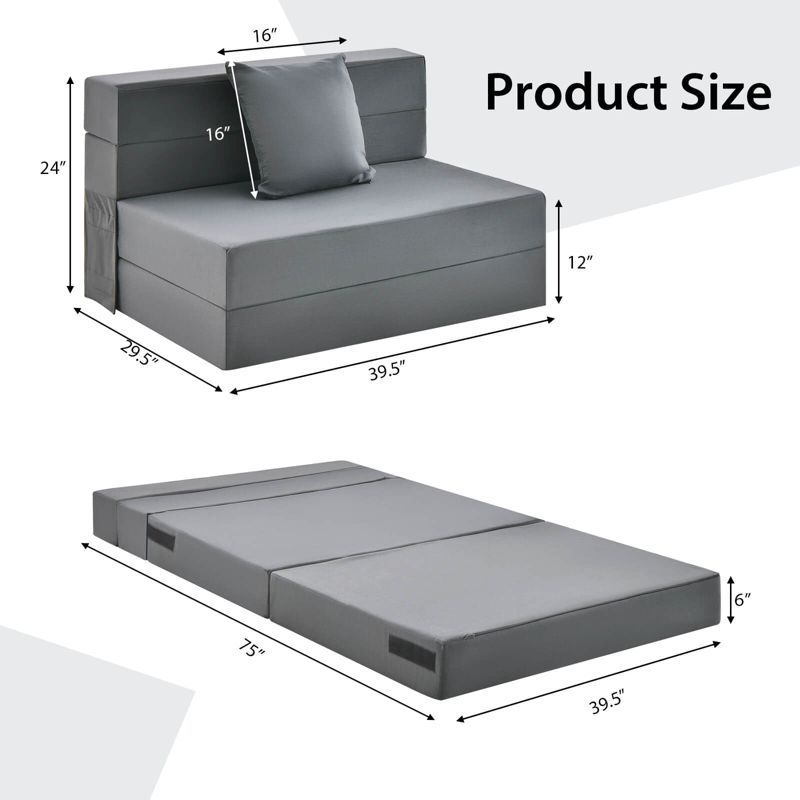 Costway Folding Mattress with Pillow 6 Inch Tri-fold Sofa Bed with High-Density Foam, 3 of 11