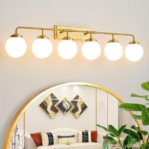POWLIG 45.28-in 6-Light Gold Bathroom Light Fixtures Over Mirror Vanity Lighting with Milk White Glass Globe Shades - 1 of 4