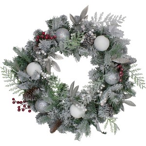 Northlight Frosted Cedar and Berries Artificial Christmas Wreath - 24-Inch, Unlit - 1 of 3