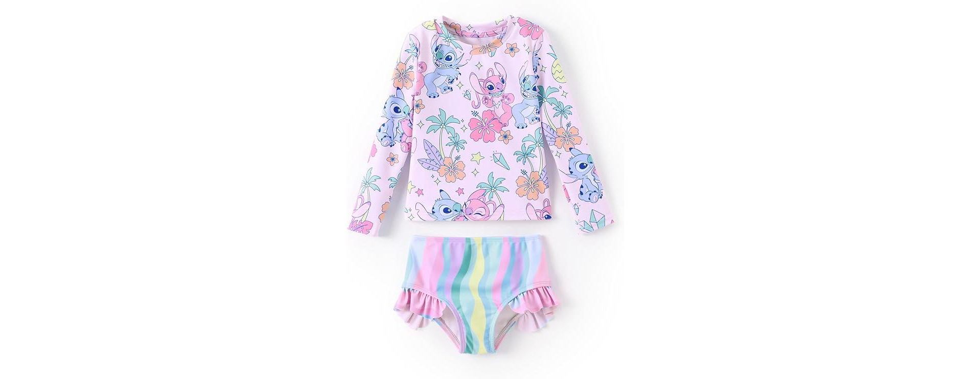Disney Stitch Juniors Girls Summer Holiday Ruffle Swimwear Sets Rashguard Stitch Multi-color 10-11.5