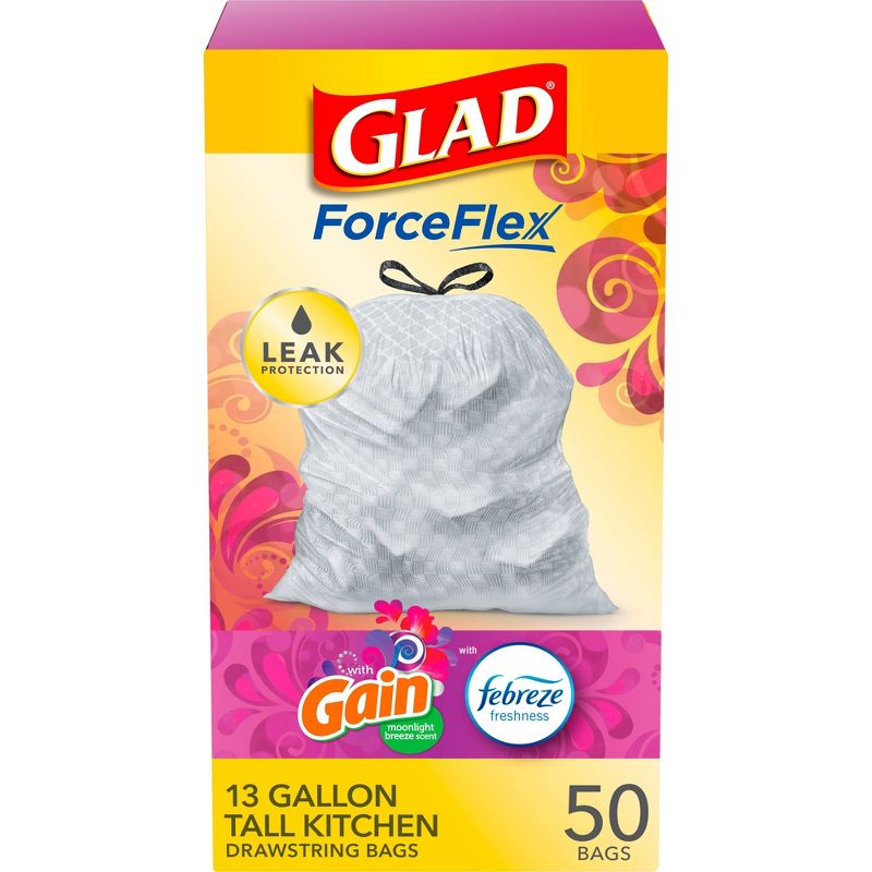 Glad ForceFlex White Trash Bags Gain Moonlight Breeze Scent with Febreze Freshness 13 Gallon - 50ct, 1 of 17