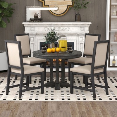 Round Dining Table Set for 4, 5 Piece Wooden Kitchen Table With 4 Upholstered Chairs, Kitchen Breakfast Table Set for Dining Living Room