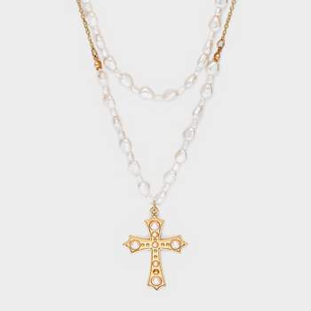 Layered Simulated Pearl and Cross Charm Choker Necklace - Wild Fable™ Ivory