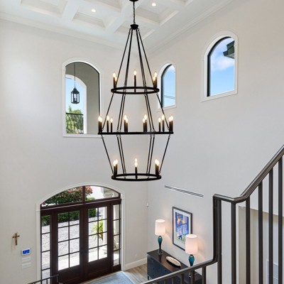 PAKOKULA Modern 24-Light Black 3-Tier Wagon Wheel Farmhouse Industrial Chandelier Rustic Candle Pendant Light