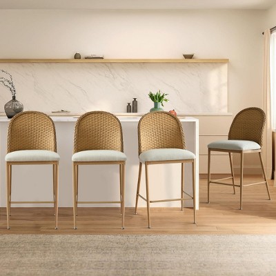 Rattan Back Counter Height Bar Stool Set Of 4 Linen Upholstered Seat Woven Design For Kitchen Island Or Home Bar-Tanpinhause