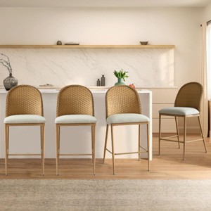 Rattan Back Counter Height Bar Stool Set Of 4 Linen Upholstered Seat Woven Design For Kitchen Island Or Home Bar-Tanpinhause - 1 of 4