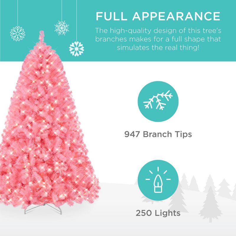 Best Choice Products Pre-Lit Pink Christmas Tree, Artificial Full Holiday Decoration w/ Branch Tips, Incandescent Lights, 3 of 10