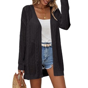 Womens Lightweight Sweater Cardigan Crochet Long Sleeve Open Front Cardigan Hollow Ribbed Cuff Above Knee Fall Cardigan Casual Outfits - 1 of 4