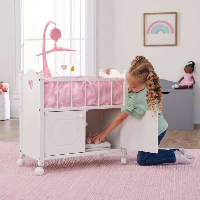 Badger Basket Cabinet Doll Crib with Gingham Bedding and Free Personalization Kit - White/Pink, 3 of 13