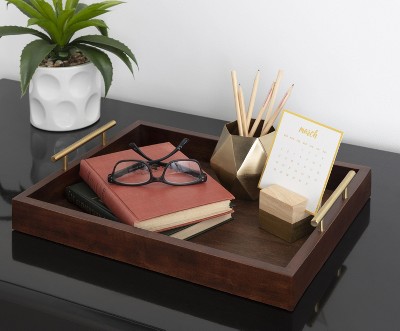Walnut Brown Rectangular Wooden Tray with Gold Metal Handles