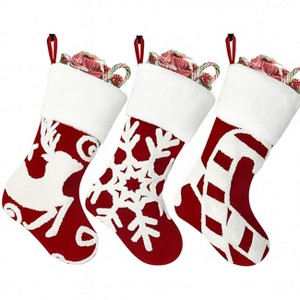 Aoibox 3 Pack 18 Inch Red Christmas Stockings Embroidered Elk Snowflake Sleigh White Plush Faux Fur Cuff Large Holiday Decor - 1 of 4